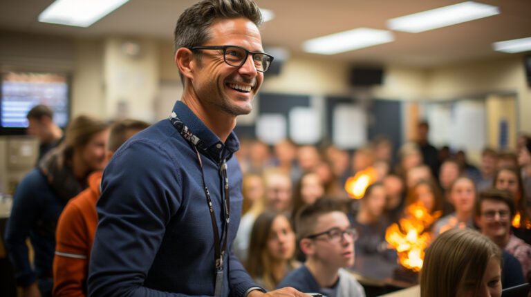 A male Education Leader stands up in a class with a smile on his face